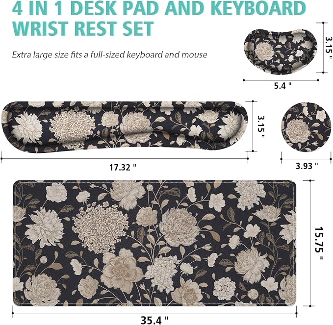 Floral Large Mouse Pad with Wrist Support Set of 4,Large Gaming Mouse Pad+Keyboard Rest+Mouse Wrist Rest+Coaster,Ergonomic Mouse mat,Anti-Slip,Memory Foam Desk Mat for Home Office Gaming (Rose)