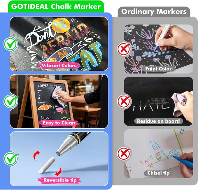 GOTIDEAL Liquid Chalk Markers, 10 Colors, 6 mm Bold & Chisel Tip | Erasable Chalk Board Pens,Window markers for Glass Washable, Blackboard, Car, Glass, Calendar, Sign, Menu Diy Painting