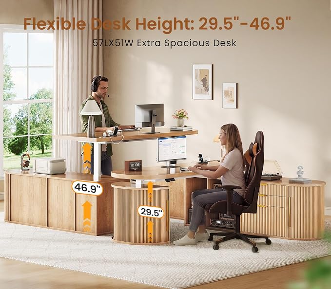 SEDETA 57" L Shaped Standing Desk with Storage, Electric Height Adjustable Curved Executive Desk, Fluted Desk with Drawers & Power Strip for Home Office, Light Oak
