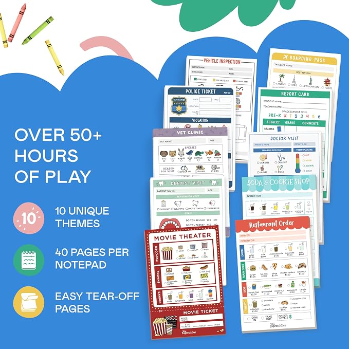 Tiny Expressions Pretend Play Notepads - 10-Pack Kids Play Pads | 40 Pages Each for Imaginative Role Play