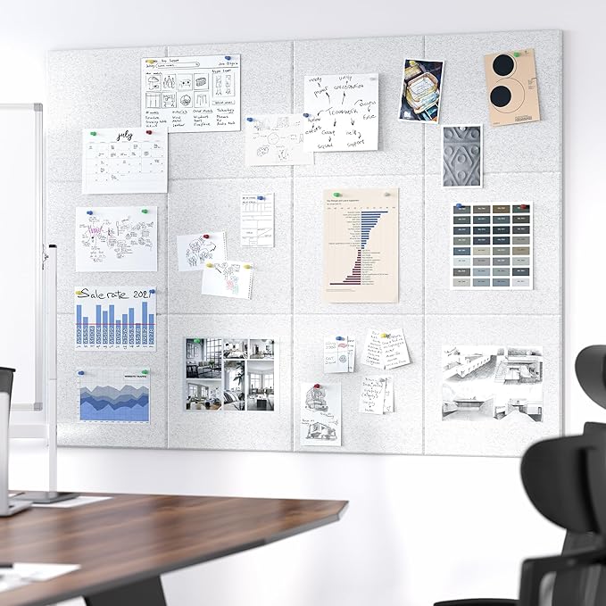 Large Cork Board for Wall, 48" x 36" Bulletin Board with Pushpins, 12 Panels Felt Tiles Tack Push Pin Board for Office, Silver Gray