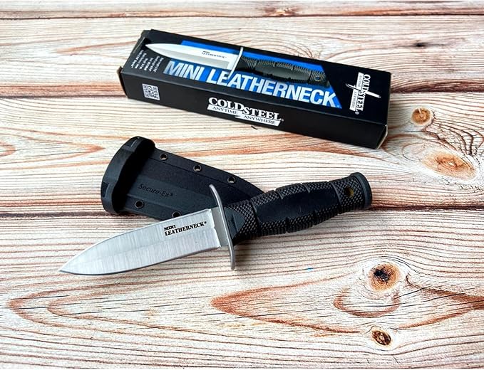 Cold Steel Mini Leatherneck Double Edge Spear Point Compact Lightweight 3.5" 8CR13MOV Steel Fixed Blade Outdoor Hunting Utility Knife, 3.25" Textured Ergonomic Kray-Ex Handle, Secure-Ex Sheath