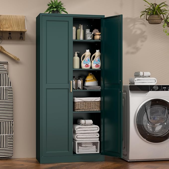 71" Tall Metal Kitchen Pantry Cabinet, Storage Cabinet with Doors | Kitchen Cabinet with 4 Adjustable Shelves, Tall Food Pantry Cabinet, Green Cupboard for Kitchen, Dining Room, Garage & Office