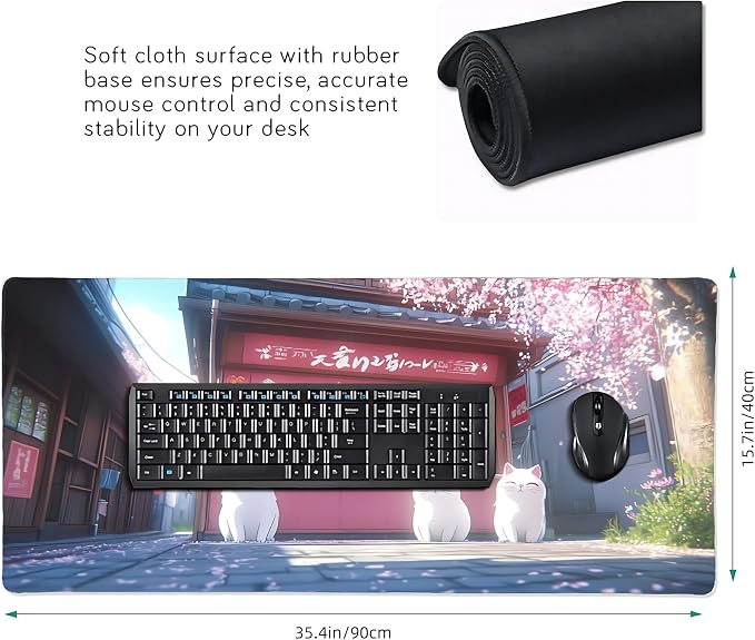 Cute Anime White Cat Gaming Mouse Pad, Blue Pink Anime Desk Mat with Anti-Slip Base & Stitched Edges, Computer Keyboard & Laptop Pad, 35.4" x 15.7" in in Workstation Accessories