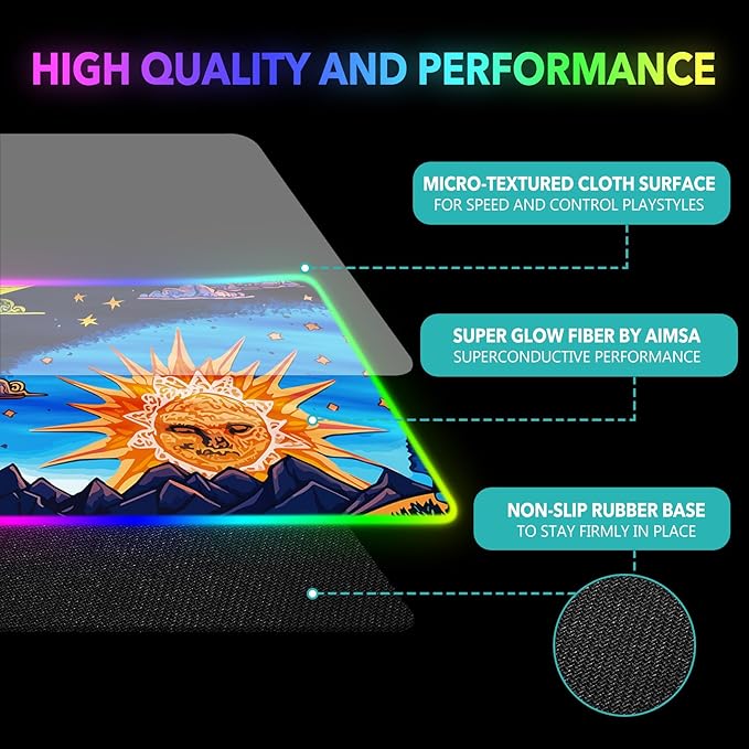 AIMSA Large Gaming Mouse Pad RGB, Keyboard Led Mousepad Extended 35.4 x 15.8 inch Non-Slip Rubber Base with 14 Lighting Modes Desk Mat, Abstract Sun