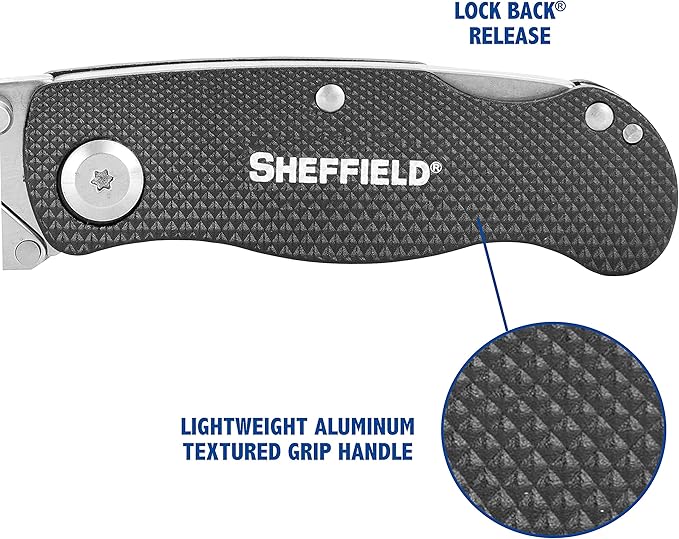 Sheffield Folding Utility Knife, Accepts Standard Utility Knife Blades, Box Cutter Aluminum Handle, Razor Blades Included, For Home, Office, Trades, and Warehouse