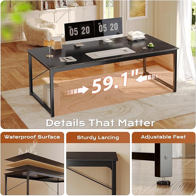 63 X 29.5 Inch Computer Desk with Deeper Desktop, Gaming Office Writing Work Desk for Home Office, Study, Bedroom, Work from Home, Metal Frame, Black