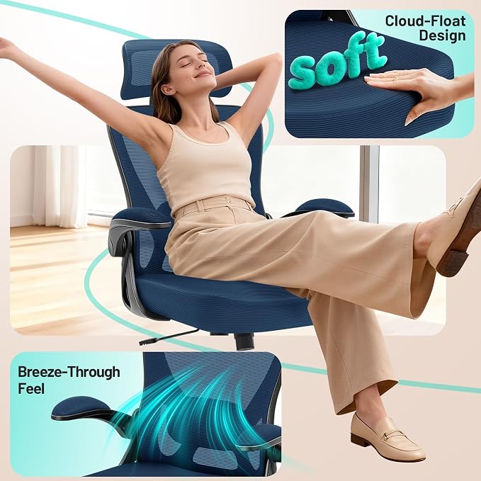 Office Chair - Ergonomic Desk Chair Breathable Mesh Chair with 2D Headrest & Adjustable Lumbar Support - Executive High Back Rolling Swivel Computer Gaming Chair with Wheels Flip-up Armrests