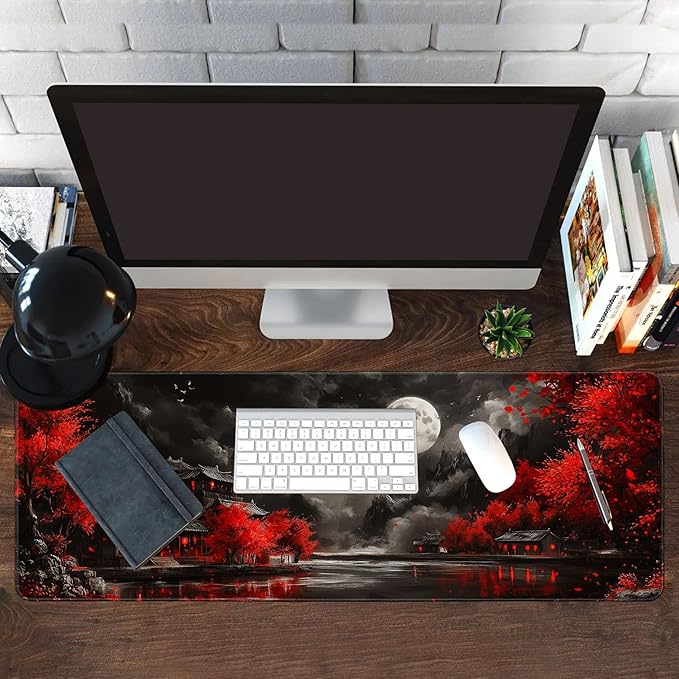 Long Gaming Mouse Pad Extended Anime Large Desk Pad with Non-Slip Base Full Keyboard Mat with Stitched Edges for Gaming and Office 31.5 x 11.8 inches (Dark Full Moon)