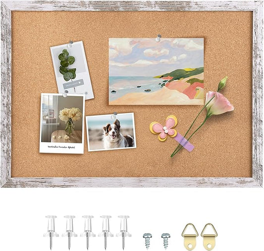 Cork Board Bulletin Board, 23.6x15.7 inches Decorative Hanging Framed Cork Boards for Walls, Pin Board Vision Board for School Home Office, Bulletin Board with White Wood Frame (WH,4060,1p)