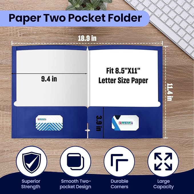 BIBRADAA® 100 Packs Blue Folders,Paper Folder Surface with Waterproofing,Letter Size,Holds 100 Plus Sheets,for School,Office,Business. (100, Blue)