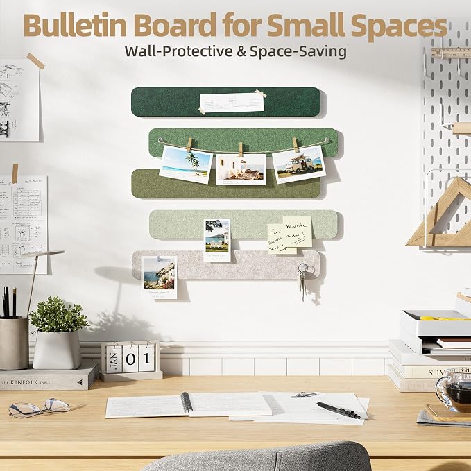10 Pack 13"x2" Cork Board Strip with Removable Adhesive Squares & Push Pins | Pin Board Alternative Felt Strip Bulletin Board, Felt Board for Photo & Note Display, Home Office Decor - Nordic Moss