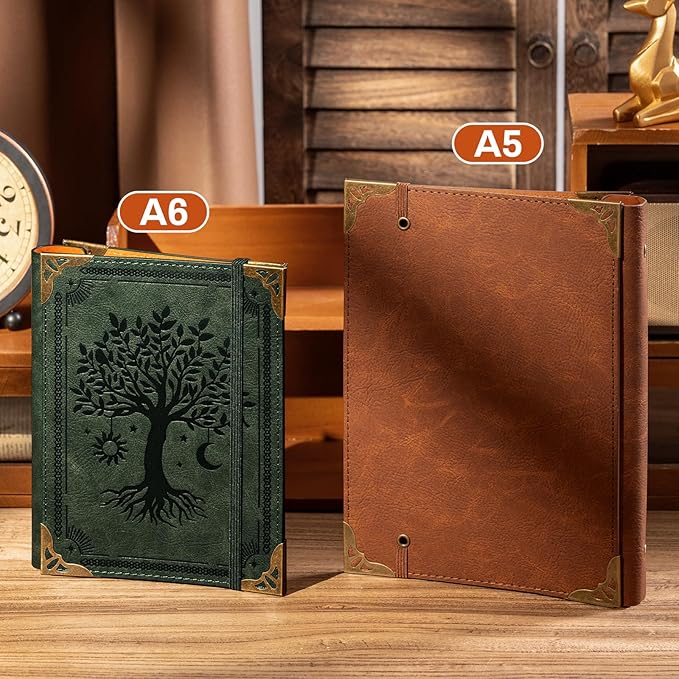 PU Leather A6 Binder 6 Ring Mini Loose Leaf Binder 5.5”x7.5” No Inserts A6 Planner Binder Leather Cover Refillable Journal Cover, Green Tree