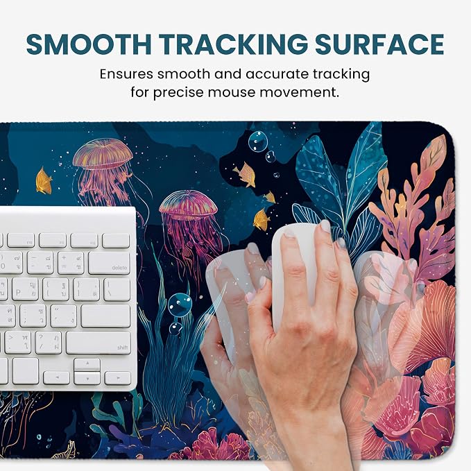 Aesthetic Desk Mat, Cute Ocean Jellyfish Desk Pad Protector for Work & Decor, 31.5" x 11.8", Pretty Non-Slip Extended Mouse Pad for Office or Home