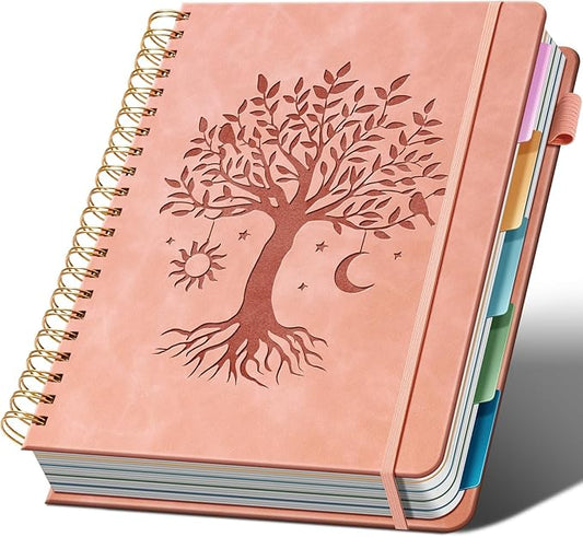 Hardcover Spiral Notebook 8.5" x 11" with 5 Removable Dividers 300 Pages Leather 5 Subject Notebook College Ruled 100GSM Large Spiral Notebooks for Work Thick Lined Journal for Women, Pink