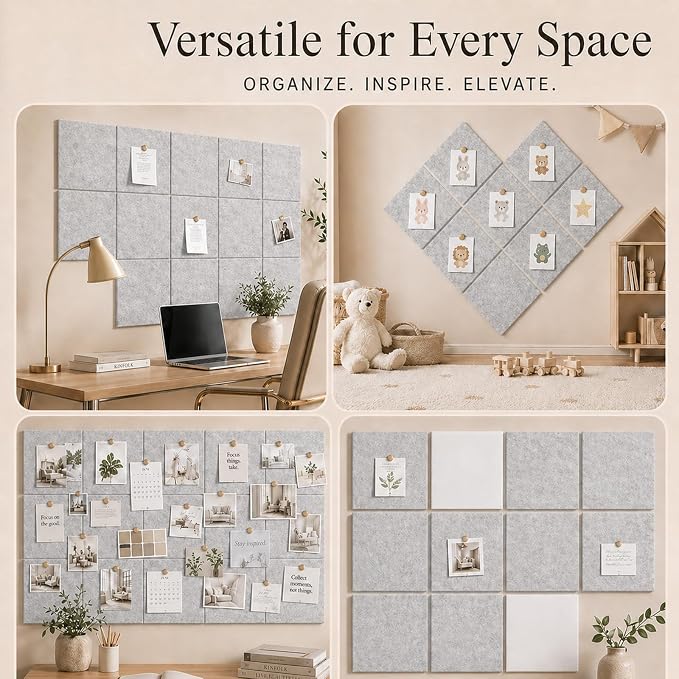 Felt Bulletin Board Tiles, Cork Board Alternative, 48 x 36 in | 0.35 in modular felt wall tiles for notes, photos, schedules, reminders in offices, classrooms, home & office workspace