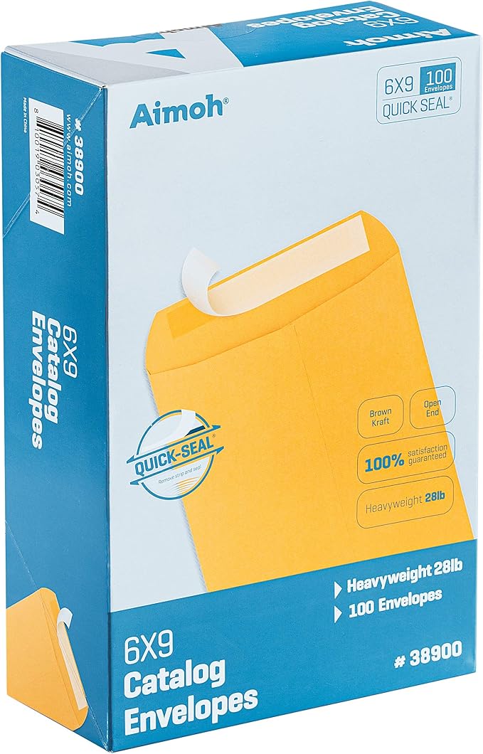Aimoh 6 x 9 Self-Seal Brown Kraft Catalog Envelopes - 28lb, Ultra Strong Quick-Seal, 6x9 inch - 500 Count (38900-CS)