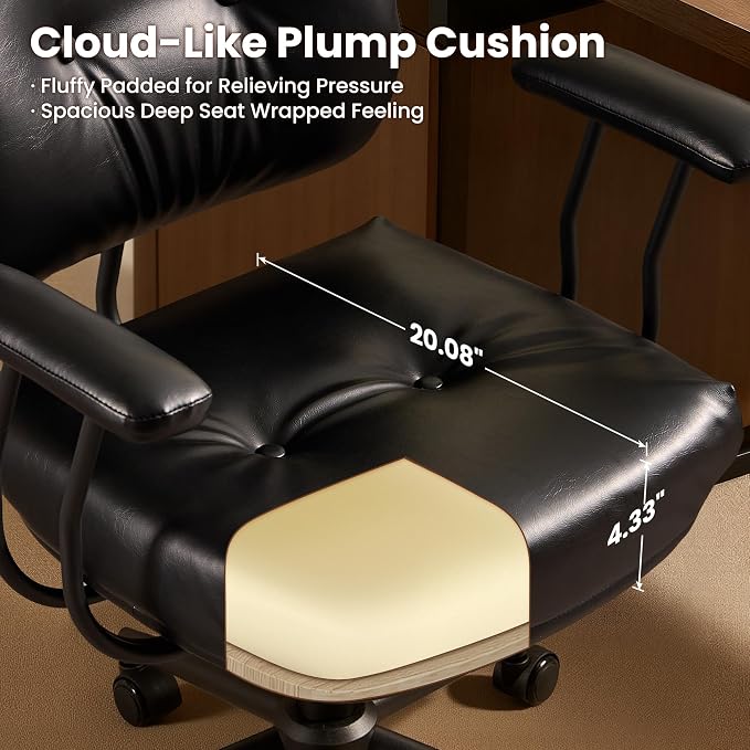 ovios Home Office Chair with Thick Cushion, Mid-Century Modern Faux Leather Ergonomic Chairs, Mid Back Swivel Rolling Computer Executive Armchair (Black, PU Leather)
