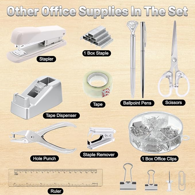 13-in-1 Office Desk Organizer Set for Back to School Supplies Accessories | Organizer Set with Stapler and Tape Dispenser, Pen Holder, Scissors, Ruler, Hole Punch, 2 Pens & More Desk Supplies