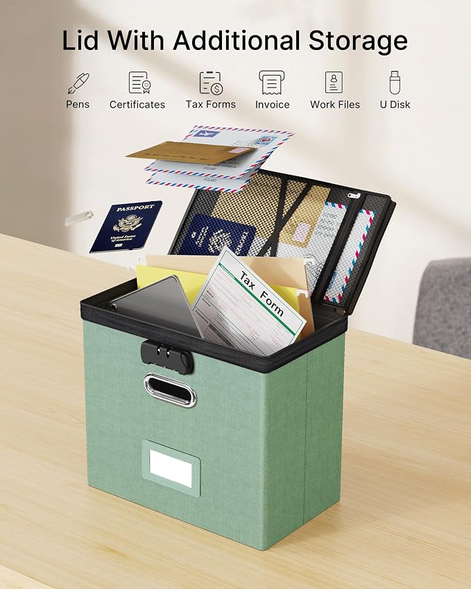Lockable File Box Small 2-Pack Hanging Organizer for Letter-Size | Dustproof Lid. 3 Mesh Pockets. Collapsible Scratch-Resistant GRS Linen. Slide Rails. Office, Home, Dorm