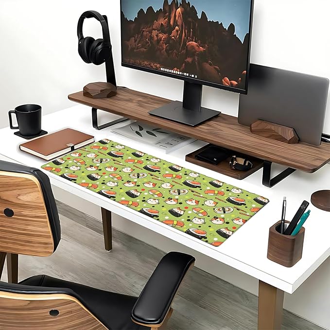 Sushi Cat Green Extended Mouse Pad 31.5x11.8in, Cute Food Pattern Large Desk Mat with Non-Slip Rubber Base, Big Mousepad for Laptop Computer PC, Gaming Office Home Decor, Deskmat Gifts