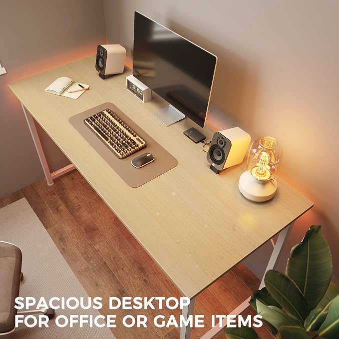 Huuger Computer Desk, 48 Inch Office Desk, Gaming Desk with Storage, Writing Desk Work Desk for Home Office, Study, Modern Simple Desk, Large Legroom, Metal Frame, Maple