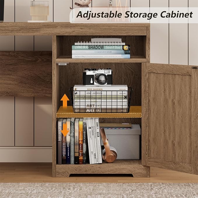 63" Rattan L Shaped Desk with Drawers & Printer Shelf for Home Office | Corner Computer Desk with Storage, Power Outlets, L Shaped Office Desk with Monitor Stand, Printer Shelf, Oak