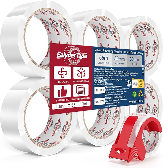 Transparent Packing Tape 2 inch x 60 Yards, 6 Rolls with Dispenser – Clear Heavy-Duty Parcel Tape for Secure Packaging, Total 360 Yards
