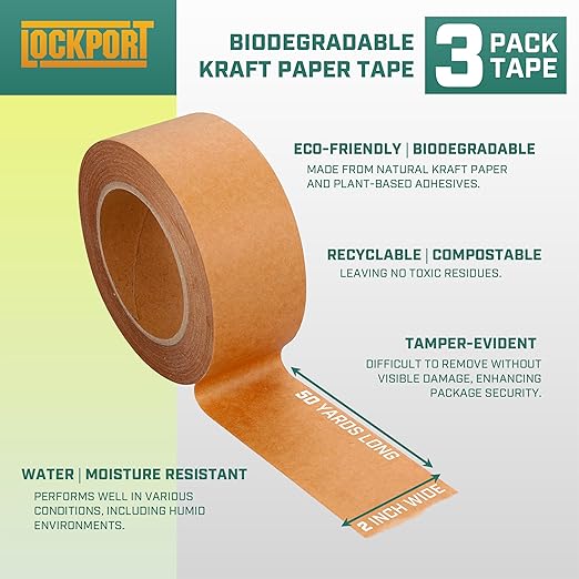 Lockport Eco Friendly Brown Packing Tape, 2 Inch x 50 Yards, 3 Rolls of Brown Kraft Paper Tape with Strong Adhesion for Moving Boxes, Shipping & Packaging, Biodegradable Waterproof Heavy Duty