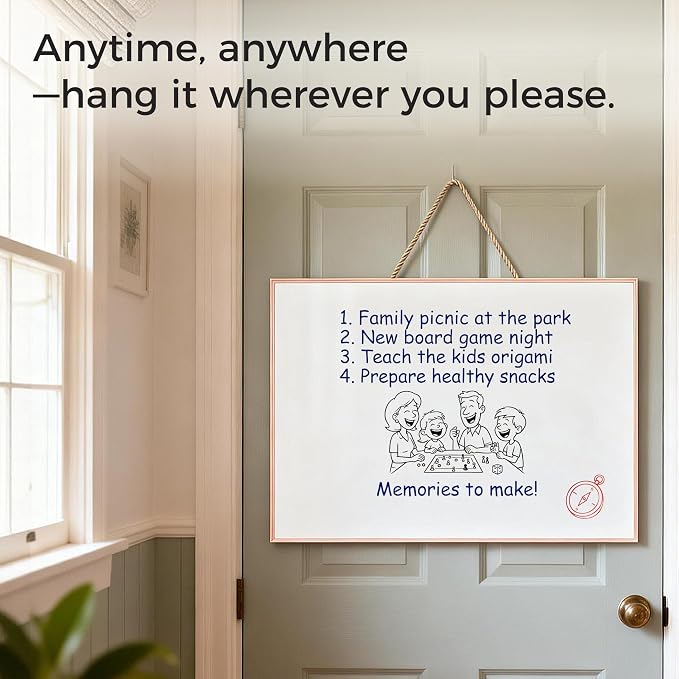 TOWON Magnetic Dry Erase Board 24x18 in, Narrow Aluminum Frame, Rose Gold | Wall mounted or hanging white board for home office, apartment and dorm decor, mounting hardware and rope