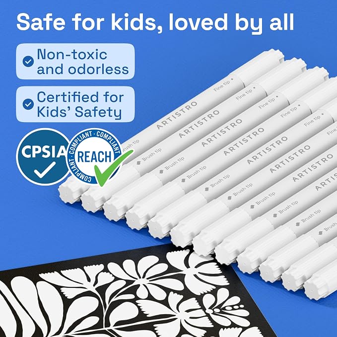 ARTISTRO 12 White Dual-Tip Acrylic Paint Marker Pens for Drawing | For Fabric, Rock, Glass, Wood, & Molds, Arts & Crafts Gift for Adults, Teens, & Kids, Classroom Must Haves & School Supplies