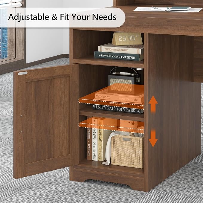 65" Farmhouse Computer Desk with Drawers and Printer Stand for Home Office | Office Desk with Power Outlets and Storage Cabinet, Study Writing Desks with Long Monitor Stand, Brown