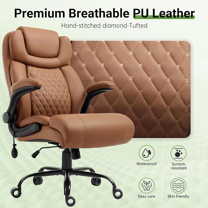Office Chair, Big and Tall Executive Chair with Air-Lumbar Support, Breathable Desk Computer Chair with Adjustable Flip-up Armrests, Wide Cushion Seat Swivel Home Office Chair