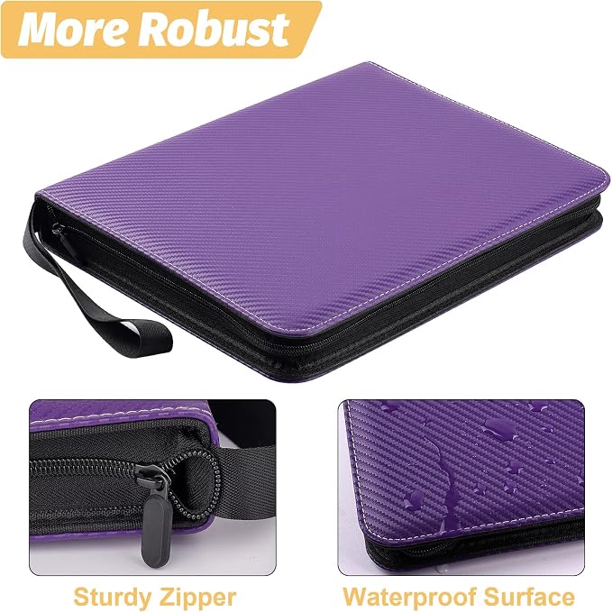 GERMUN 3 Ring 9 Pocket Zipper Card Binder, 720 Double Sided Standard PU Trading Card Album Folder for TCG & Sports Cards, Not Fit Top Loaders (purple)