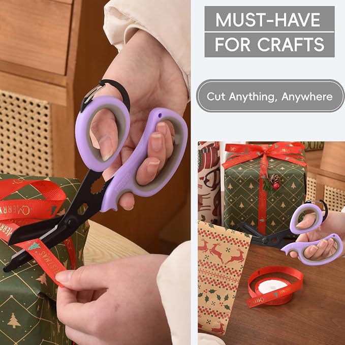 MEUUT All Purpose Scissors 2 PCS with Carabiner for Kitchen Outdoor | 7.5-inch heavy duty all purpose, Ambidextrous, micro-serrated stainless steel blades, integrated O2 wrench, soft rubber grip