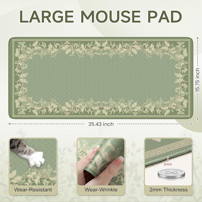iCasso Floral Desk Mat for Keyboard and Mouse,Cute Mouse Pad,Light Green | Anti-Slip Desk Matt for Desktop,Soft Lycra Surface Computer Mat Women,Girly Big Mousepad for Home Office