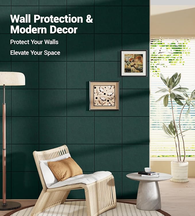 28" x 18" Felt Bulletin Board Tiles 1/2" Thick, Forest Green | 6 Pack Felt Tiles, Large Cork Board Alternative, 30 Adhesive Tabs, Pin Board for Home Office Decor with Easy Install