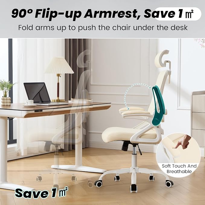 Fizzin Office Chair Mesh Computer Chairs with Adjustable Lumbar Support | Ergonomic Office Chair, Home Office Desk Chairs with Thickened Cushion and Headrest, Comfy Gaming Chair (Buff Beige)