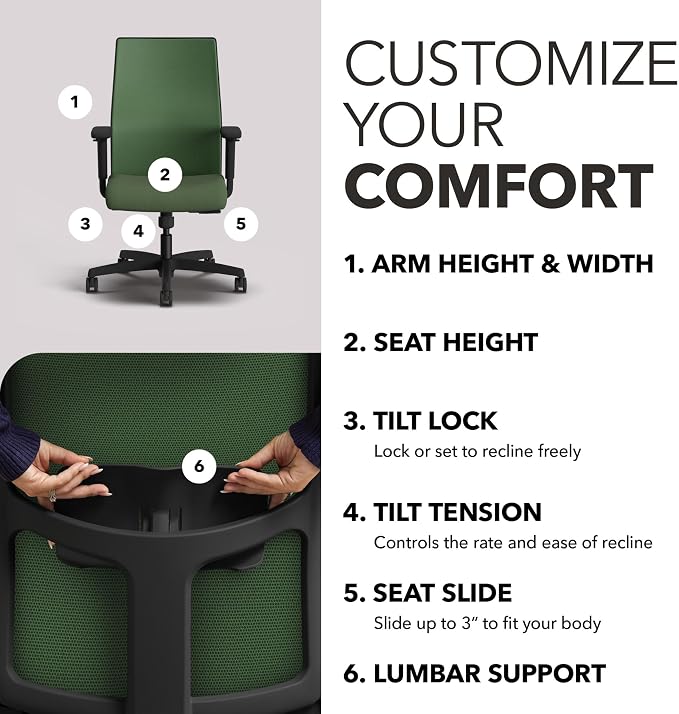 HON Ignition 2.0 Ergonomic Office Chair, Lumbar Support, Desk Chair, Leaf | Ergonomic office desk chair with lumbar support, adjustable arms, office decor, workstation comfort for focused productivity