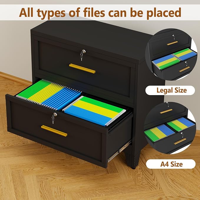 2 Drawer Metal File Cabinet with Lock,Lateral Filing Storage Cabinets,Steel Wide File Organization for Legal/Letter/A4/F4 Size with Hanging Files&Key,Lockable Printer Stand for Home Office, Black