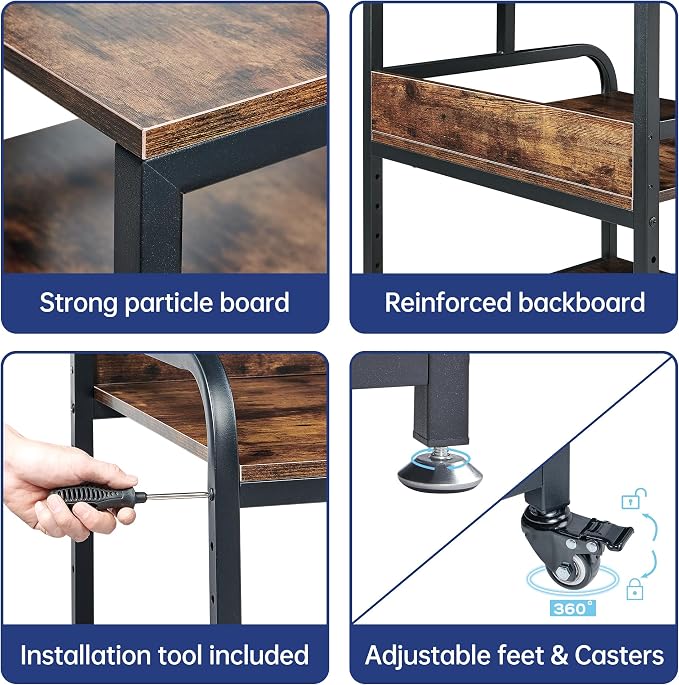 Fannova Extra Large 3D Printer Stand Table with Adjustable Storage Shelf | 25.6"x23.6"x30.9", Heavy Duty Industrial Wheels, 25mm Heavy-Gauge Steel Tube, Home Office Printer Furniture, Rustic Brown