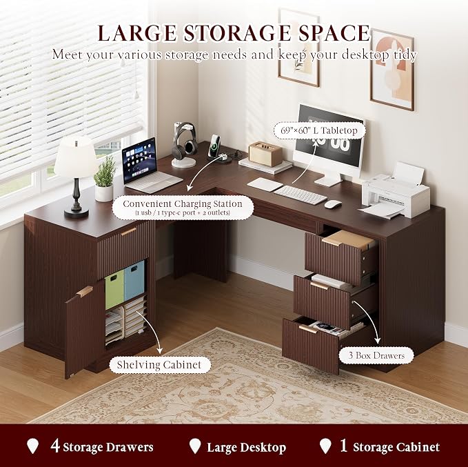 FURSUN 69" Executive L Shaped Desk, Wood Corner Executive Computer Desk with Power Outlets & Storage Drawers, Large Office Desk Workstation for Home, Dark Walnut