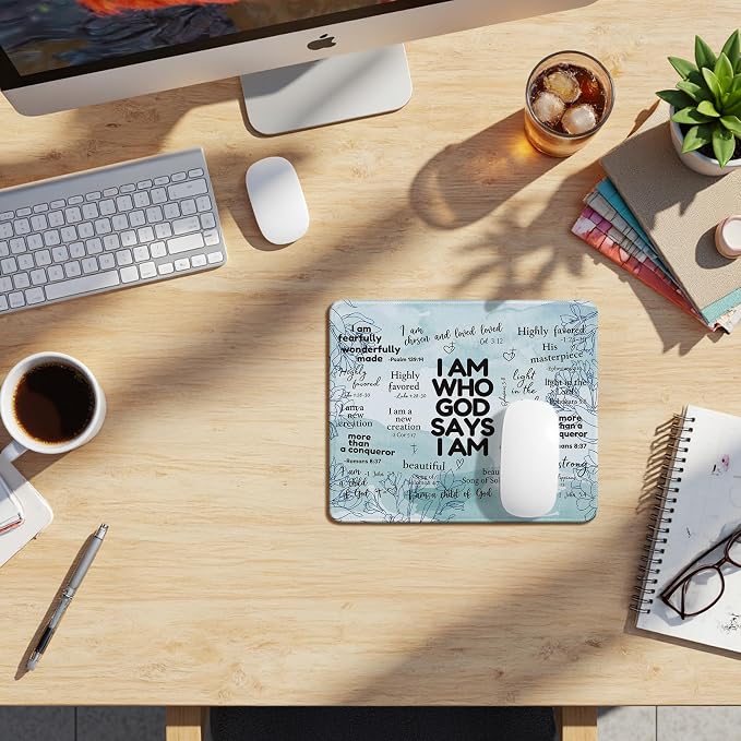 Inspirational Christian God Says I Am Mouse Pad, Blue Floral Bible Verse Affirmation Mouse Pads Mousepad for Home Office Dorm Computers Laptop Supplies Desk Accessories, 9.5x7.9 Inch