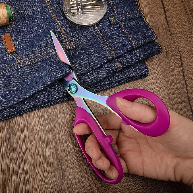 Sharp Sewing Scissors, Professional Heavy Duty Titanium Coating Forged Stainless Steel Multi-Purpose Shears for Fabric Leather, Dressmaking, Tailoring, Quilting, Home & Office, Art & School, 8 inch