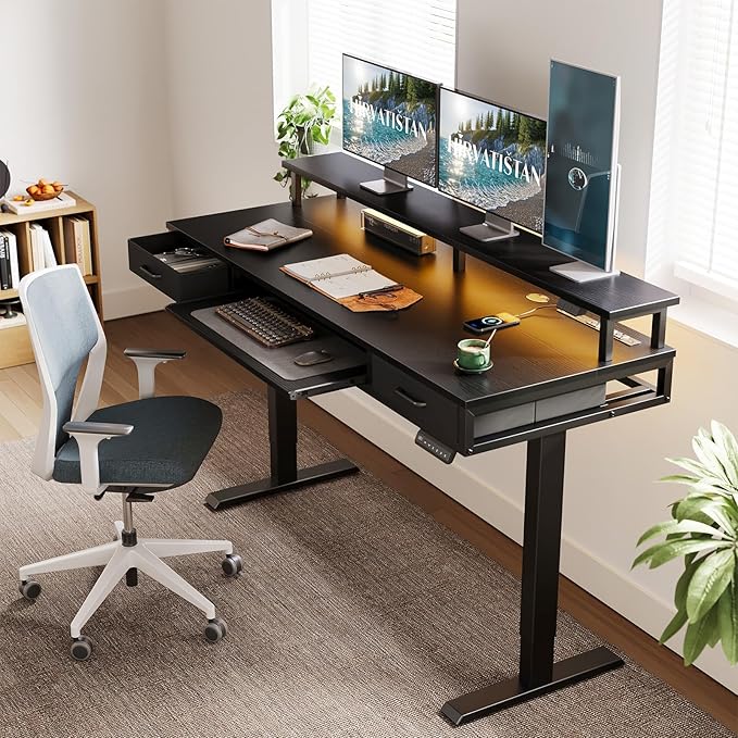 AODK 63 Inch Electric Standing Desk with Drawers & Keyboard Tray, Black | Power Outlet, LED Lights, Monitor Stand, Cable Management Tray, 3 Memory Heights, 29.9"-46.1" in Range