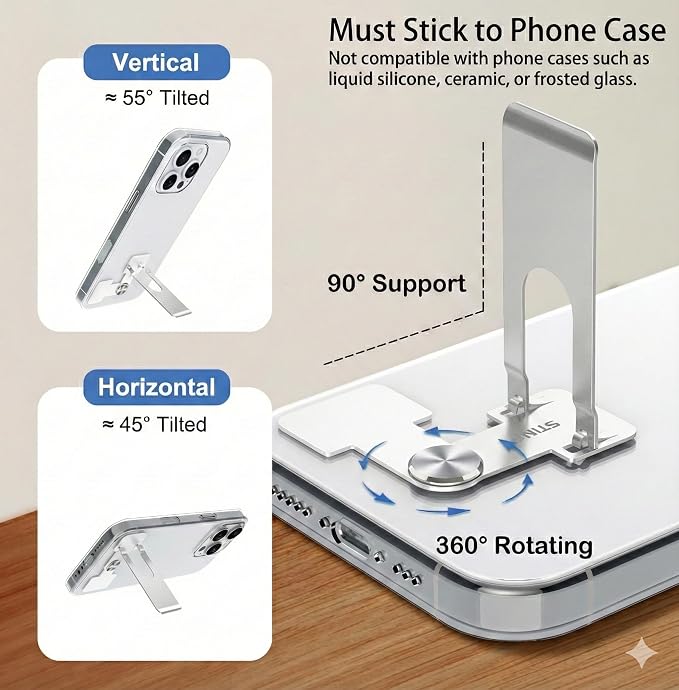 Phone Slim Stand Ultra Thin Kickstand, Unnoticeable Universal Vertical Horizontal Steel Metal Stable Mount Attachable Pocket Friendly Phone Holder for iPhone Samsung Phone Case (Sliver 1-Pack)