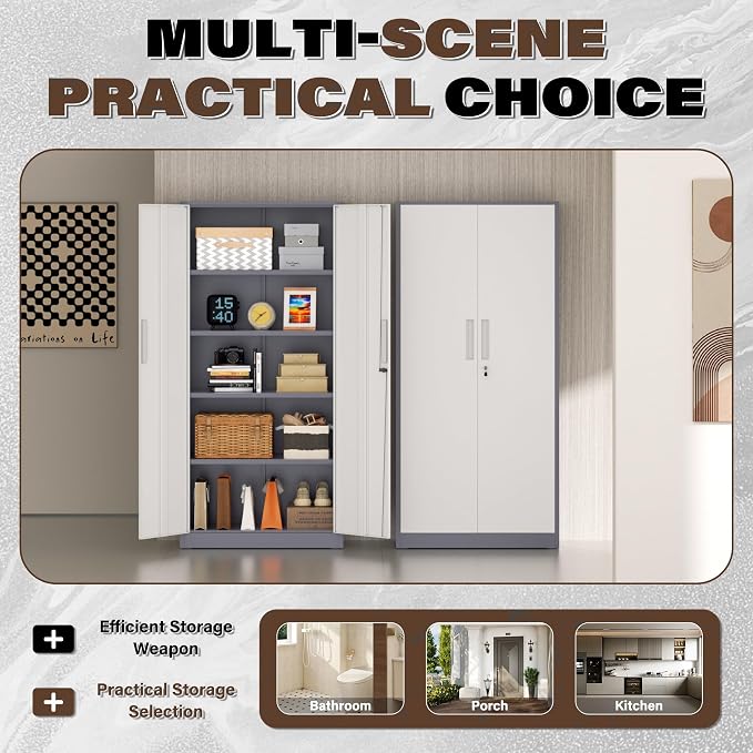 Incbruce 72” Metal Storage Cabinet, Garage Cabinets and Storage System with Doors and Shelves, Tall Lockable Tool Cabinet for Garage, Office, Home (Grey White)