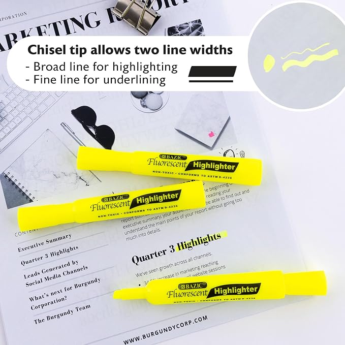 BAZIC PRODUCTS Yellow Highlighters, Chisel Tip, 3 Count, 144-Case | Quick-dry, Yellow fluorescent desk-style highlighters, wide barrel, non-toxic ink, ASTM D-4236, odorless