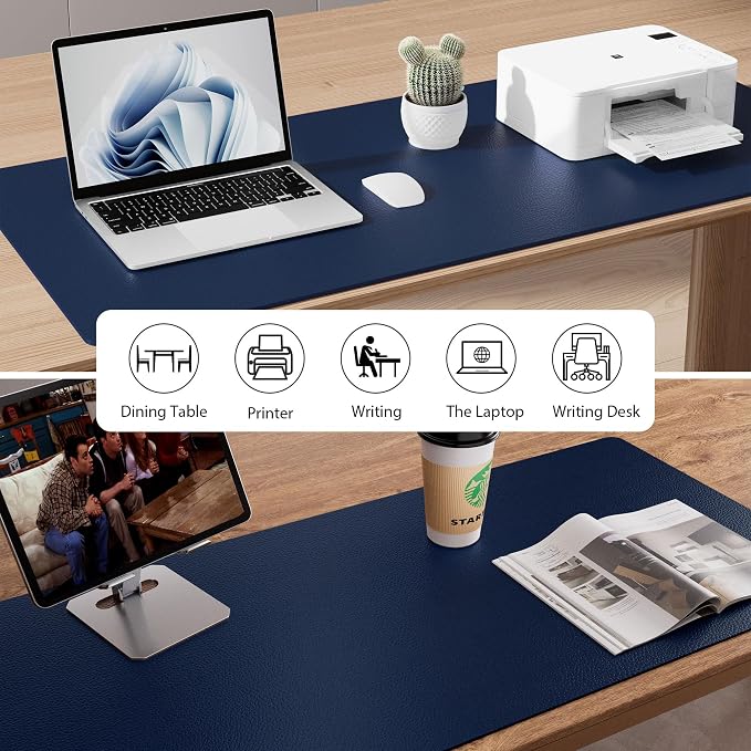 Aothia Leather Desk Pad Protector, Mouse Pad,Office Desk Mat, Non-Slip PU Leather Desk Blotter, Laptop Desk Pad, Waterproof Desk Writing Pad for Office and Home (Dark Blue,36" x 17") (Pack of 2)