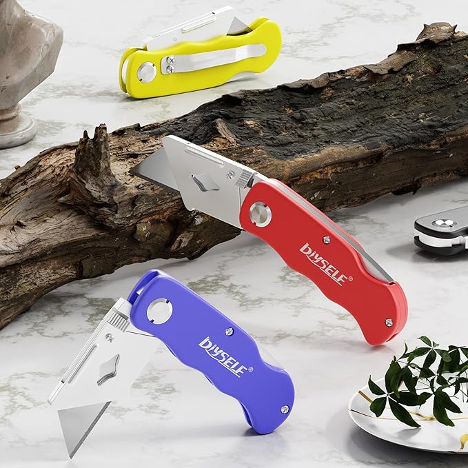 DIYSELF 4 Pack Utility Knife, Box Cutters for Light Duty Purposes, Razor Knife Utility, Box Cutter Knife for Cartoon, Cardboard, Folding Utility Knife for Warehouse, Shop, Box Cutter for Women